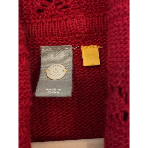 Anthropologie Knitted Knotted Wool Blend‎ Open Front Crochet Knit Cardigan S Red - Picture 4 of 7